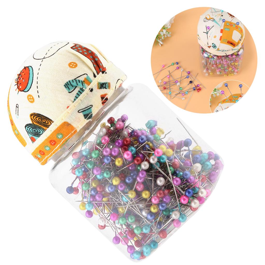 Quilting Pins with Beading Needles, Pin Cushion Bottle with Orange Fabric, Sewing Craft for Hijab, Sewing, Placemat, Dress Marking, 500 Pieces