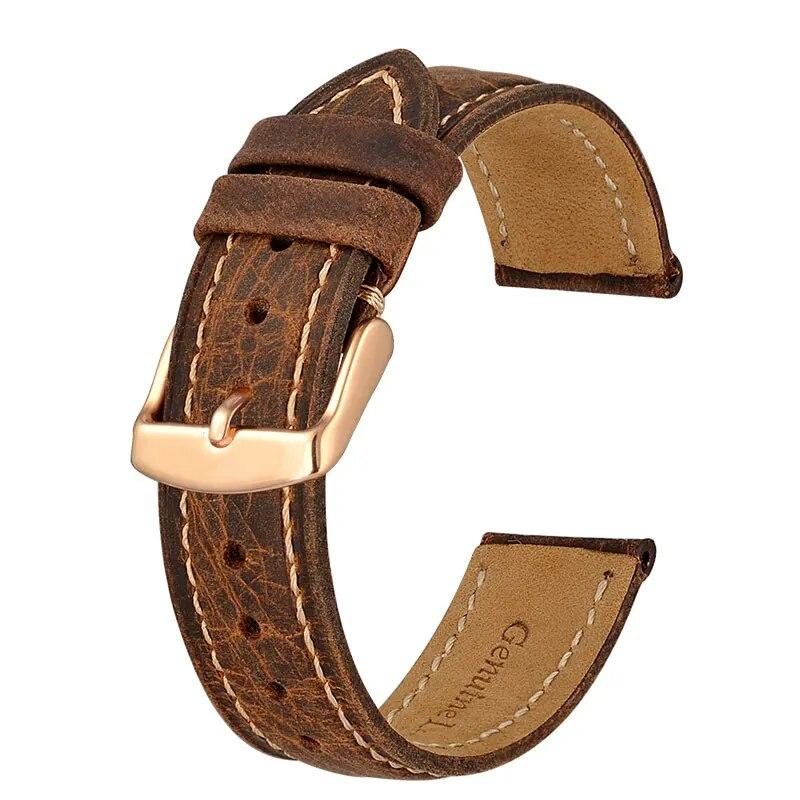 BISONSTRAP Crazy Horse Leather Watch Strap 18mm 20mm 21mm 22mm 24mm Replacement Belt Rose Gold Buckle Band for Men Watchbands