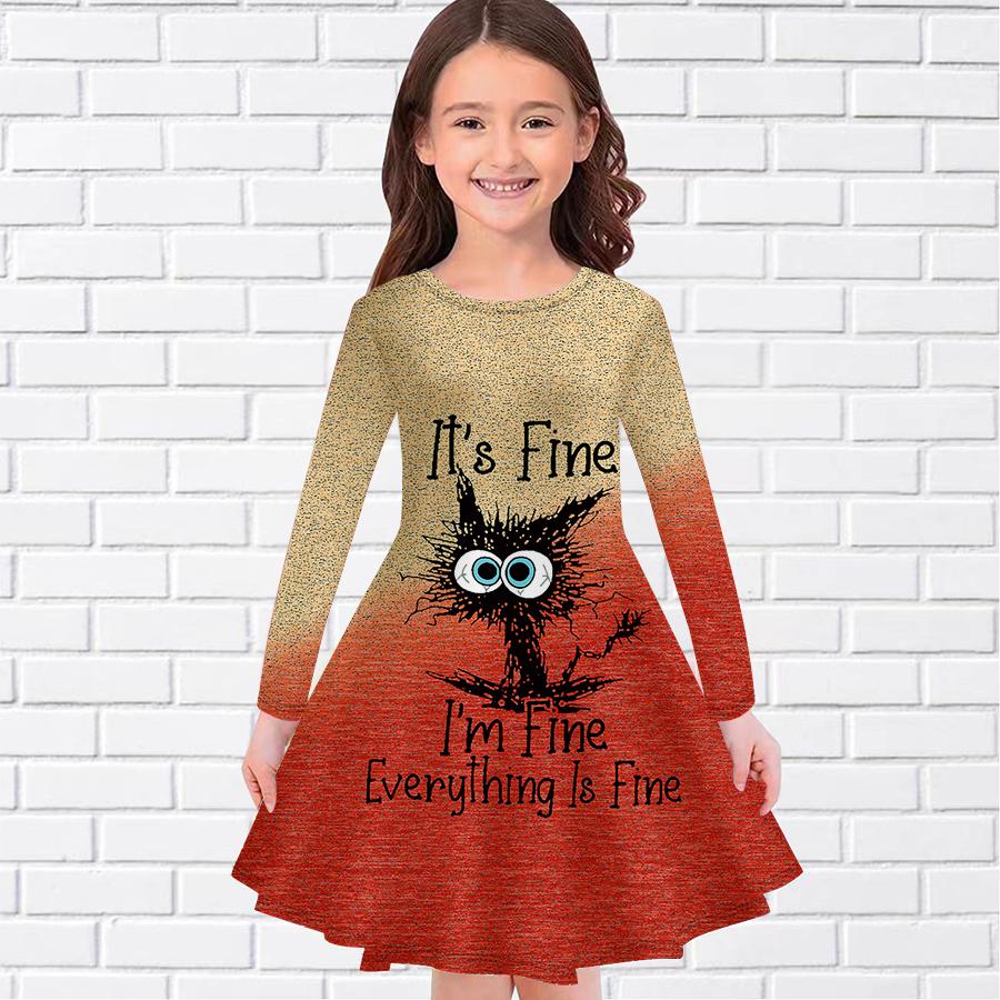Girl Casual Gradient English Cat Print Round Neck Long Sleeve Dress Kid Princess Dress