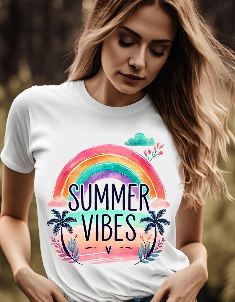Summer Vibes Unisex Jersey Tee | Casual Summer Shirt | Beachwear | Gift for Friends | Vacation Outfit | Fun Day Tee, palm trees and rainbow