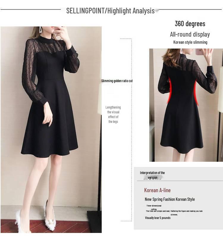 Plus Size Lace Slimming Dress - Cinched Waist, Long Sleeve, Spring & Autumn