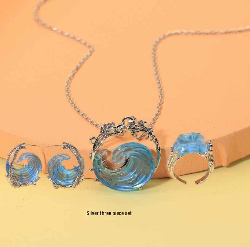 Sky Blue Sea Wave Jewelry Set: Resin Necklace, Earrings & Ring