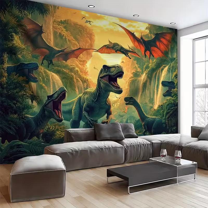 Kids Dinosaur Sunset Tapestry, 150x100cm Tropical Jungle Waterfall Jurassic Landscape Wall Art for Bedroom, Living Room