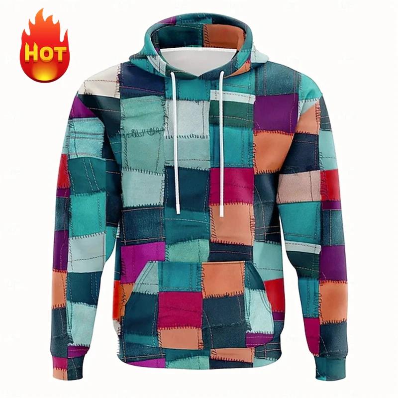 Men's Hoodie 3D Printed Simulation Sewing Plaid Sweatshirts Fashion Men's Clothing