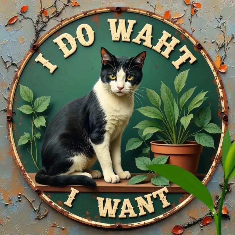 Metal Wall Art Cat and Plant Design Kitchen Cafe Decor 40x30cm