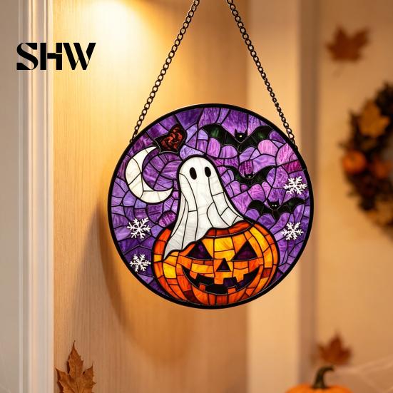Unique Wall Hanging Art Retro Halloween Pendant, Ghost/Bat/Spider Web/Pumpkin Head Print, Old School Horror Room Decor Vintage Acrylic Ornament