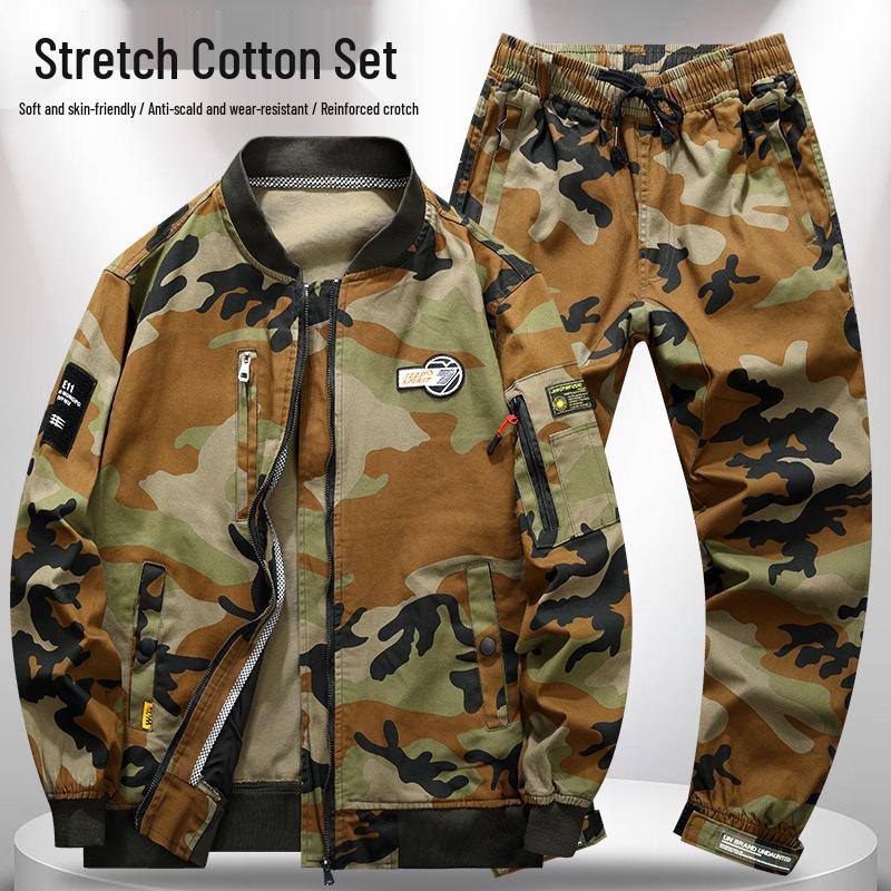 Baumwoll-Camouflage-Arbeitskleidungs-Set: Verschleißfeste Baseballjacke und Stretchhose für Frühling/Herbst zum Arbeitsschutz und Schweißen.