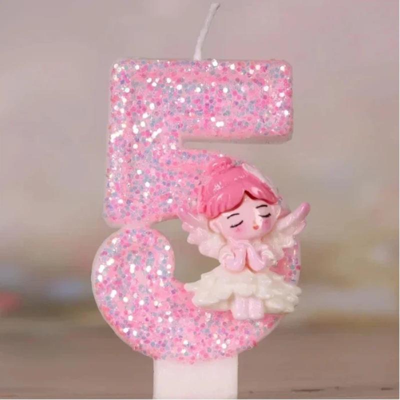 3D Number Candles for Cake Toper Decor, Pink Fairy Glitter, Digital Candles, Happy Birthday Party, Wedding Cake Decoration Acces