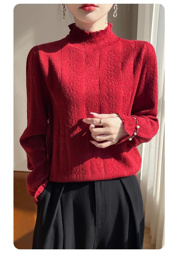 Women's Fine Wool Half-High Neck Lace Knit Sweater - New Autumn/Winter Thick Long Sleeve Top