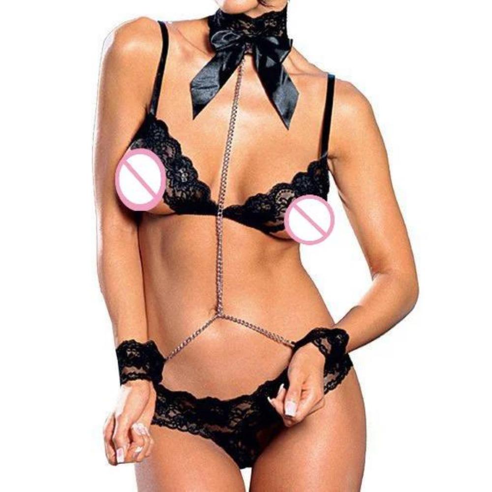 Sexy Lingerie Lace See-through Three-Point Bikini Suit Hot Erotic Neck Ring Handcuffs Bra Set Temptation Sex Outfits for Women