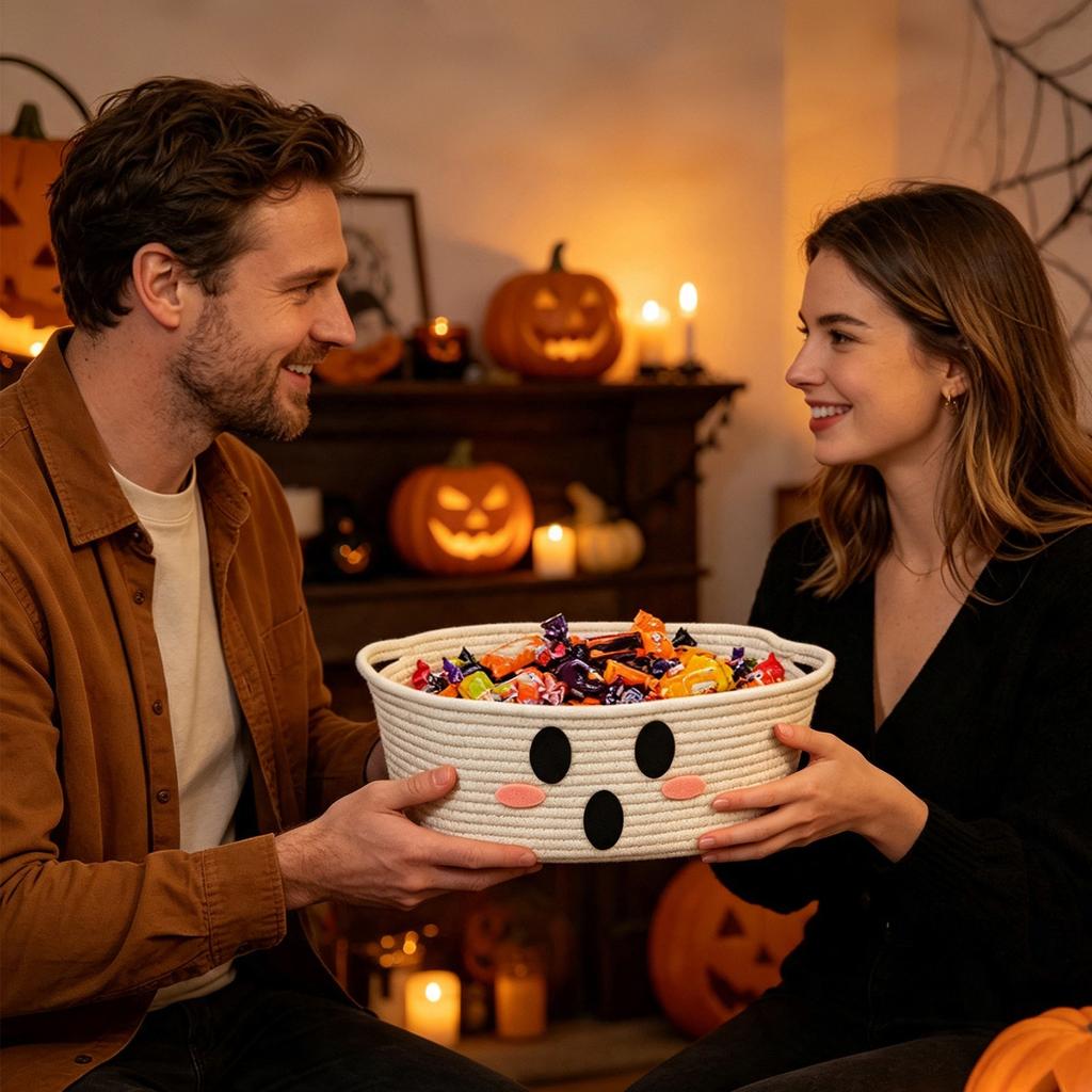Halloween Cotton Rope Storage Basket with Handles for Candy and Snacks