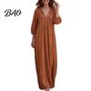 Casual Wear Dress Bohemian Ruffle V-Neck Long Dress, 3/4 Sleeves Maxi for Solid Color Vacation Women, Loose Spring Fall Breathable Women Dresses