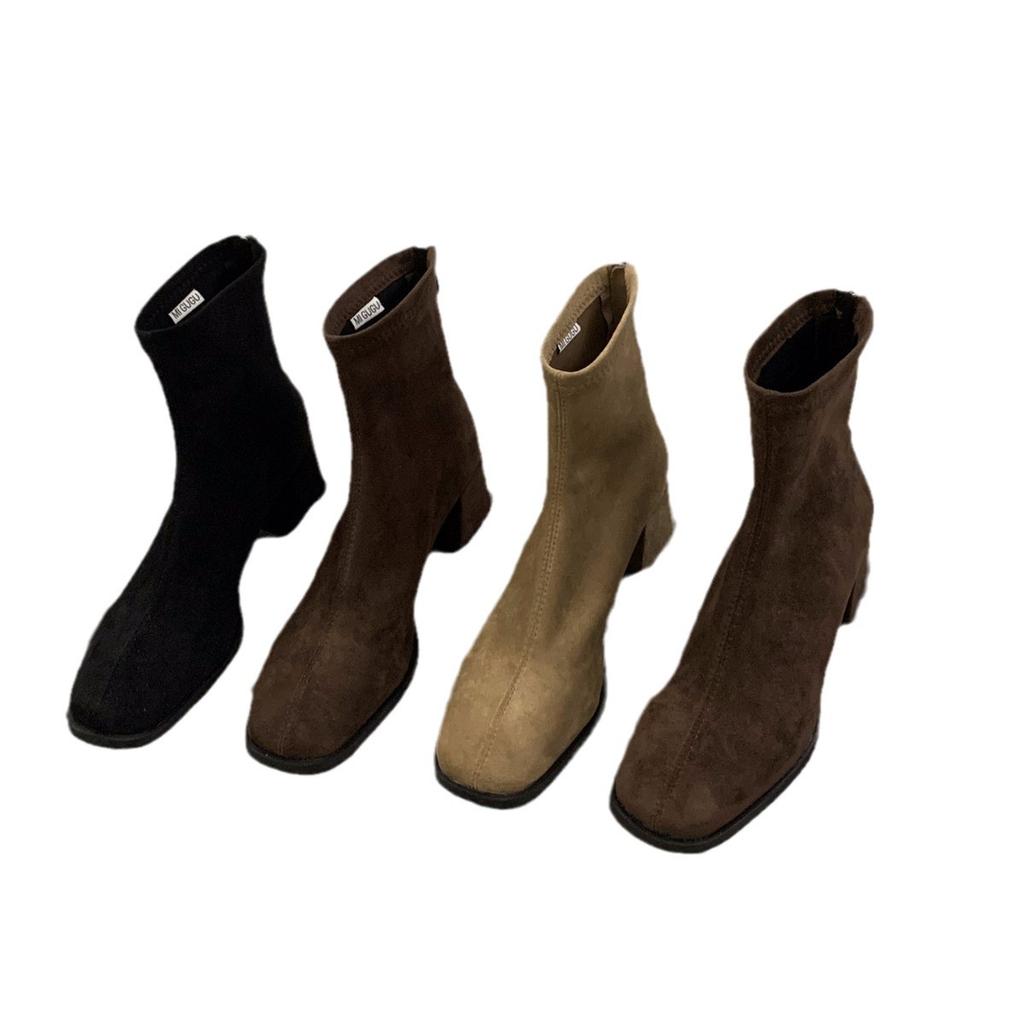 High Heel Square Head Skinny Short Boots Women's Shoes Korean Version Versatile 2025 Autumn and Winter Korean Small Ankle Boots Martin Boots