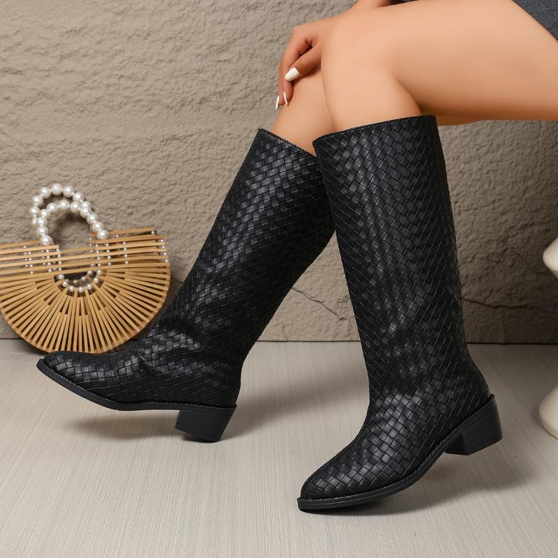 

Fashion woven low heel but knee boots women s new square head sleeve thick heel fashion boots women s boots 43