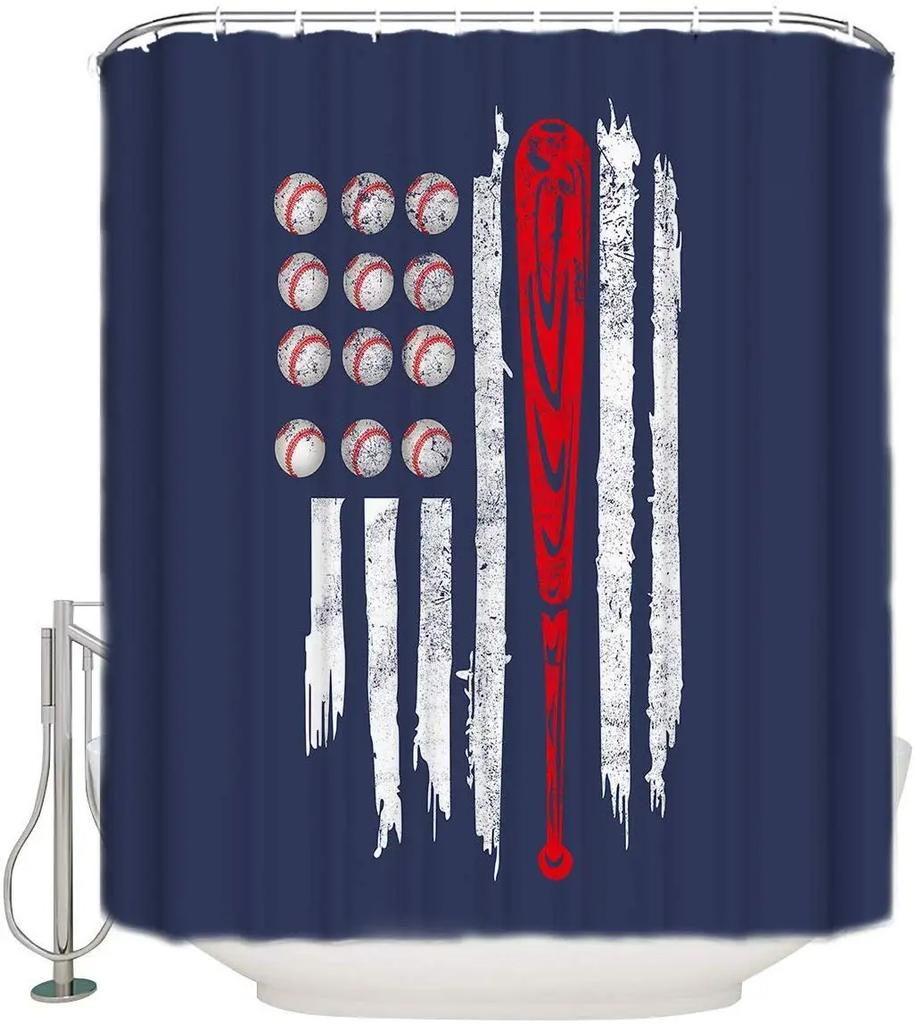 Baseball Shower Curtain Baseball Glove Sports Theme Polyester Fabric Bathtub Screen Home Decor Bathroom Curtains Set with Hooks