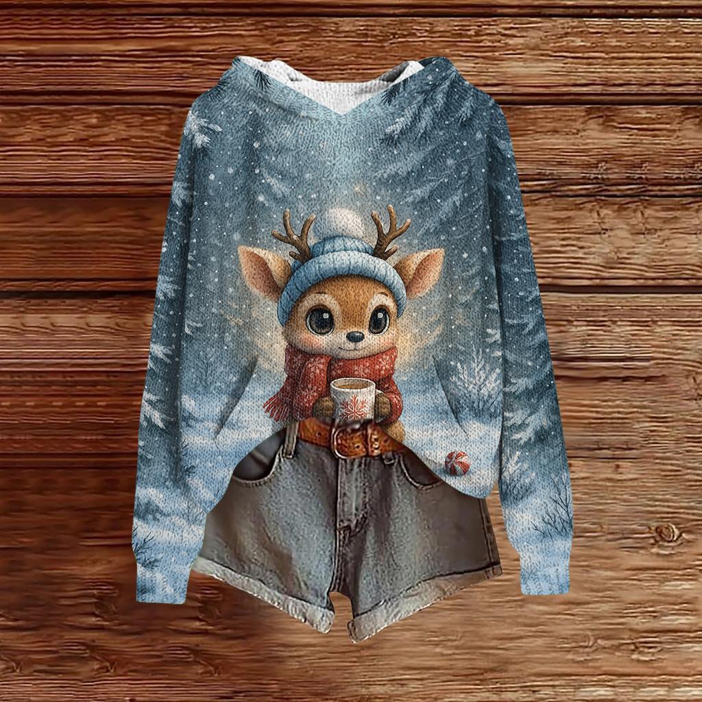 Women's Fashion Casual Long Sleeve Christmas Print Hooded Knitted Sweatshirt