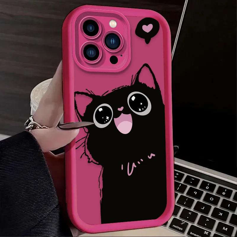 Lovely Black Cat love Heart Silicone Soft Phone Case For iPhone 16 15 14 13 12 11 Pro Max XS X XR 7 8 SE Shockproof