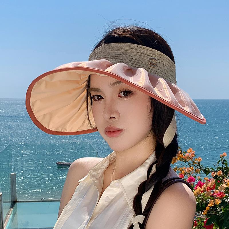 2025 New Big Brim Shell Visor Double-sided Straw Bucket Hat Summer Meal Ultraviolet Empty Top Hat
