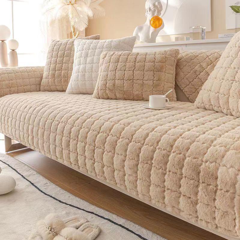 Tapis de canapé en peluche à grille, épais, antidérapant, Anti-poussière, coussin de siège de couleur unie, paquet complet, couverture universelle, serviette en tissu, nouvelle collection hiver