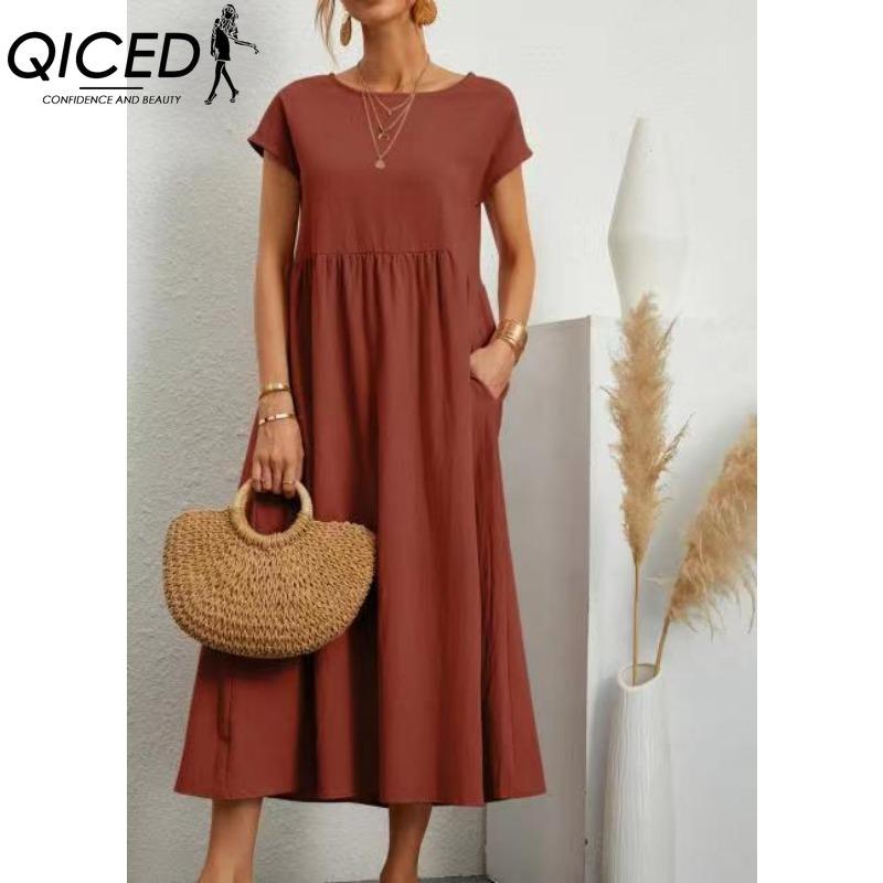 QICED Women's Fashion Summer Spring Solid Color Print Short Sleeve O-Neck Casual Dresses