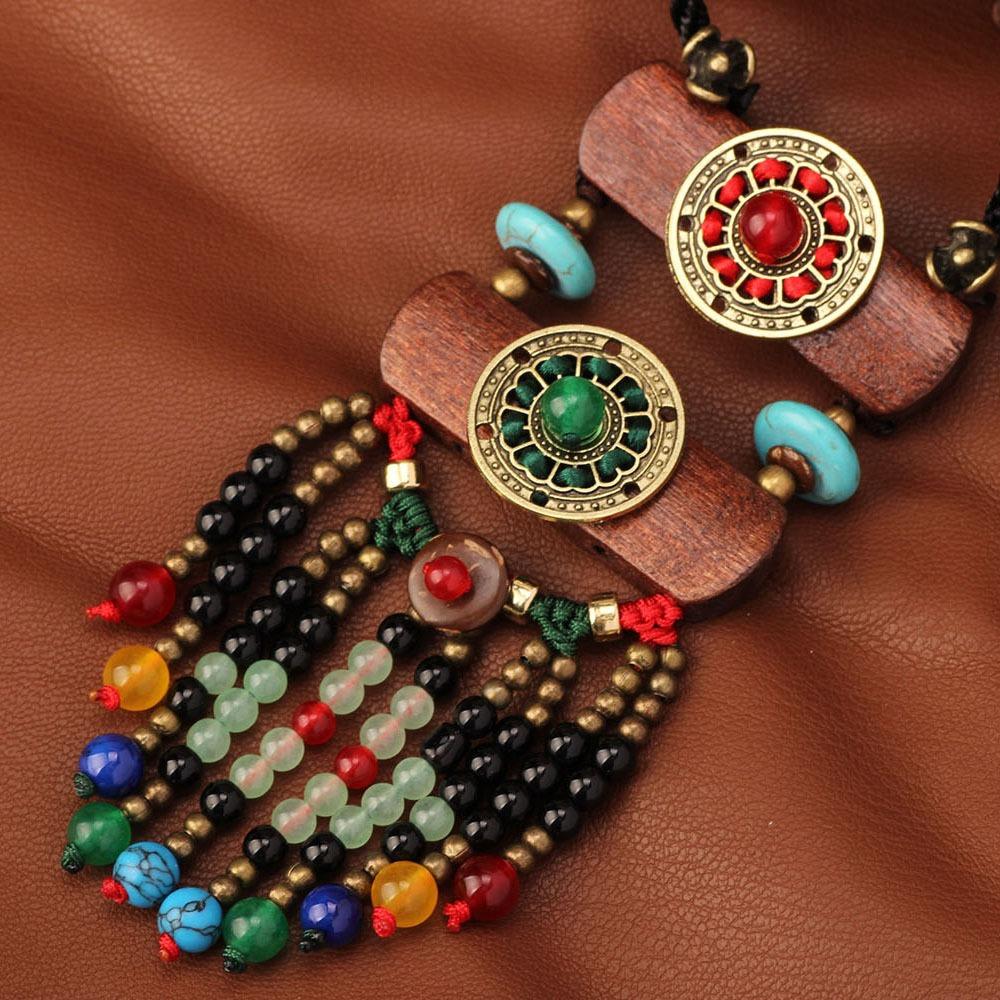 Collana con frange in pelle a 3 colori collana con ciondoli a moneta gioielli con perline di legno collana tribale Boho Gypsy