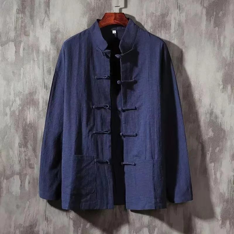 Men's Long Sleeve Frog Button Loose Blouse Oversized Linen Shier Collarless Autumn Spring