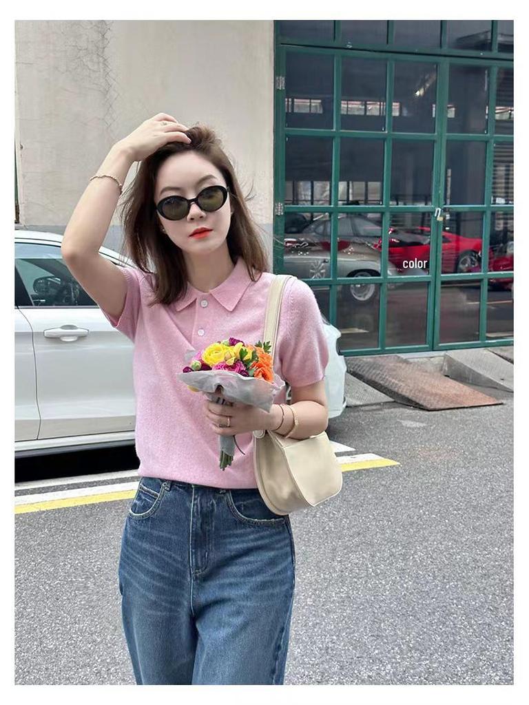 Korean Style Slimming Polo Collar Knit Shirt - Women's Casual Summer Pullover