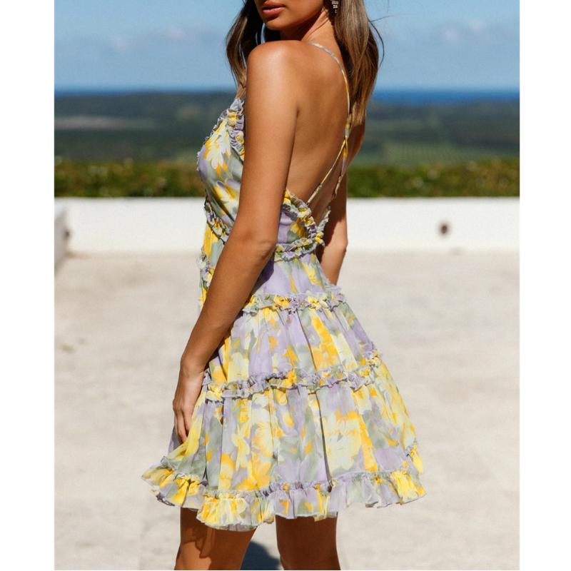 Women Floral Printing Boho Beach Dress Sling Straps Backless Ruffle Sundress V Neck High Waist Sexy Mini Vestidos Holiday Female