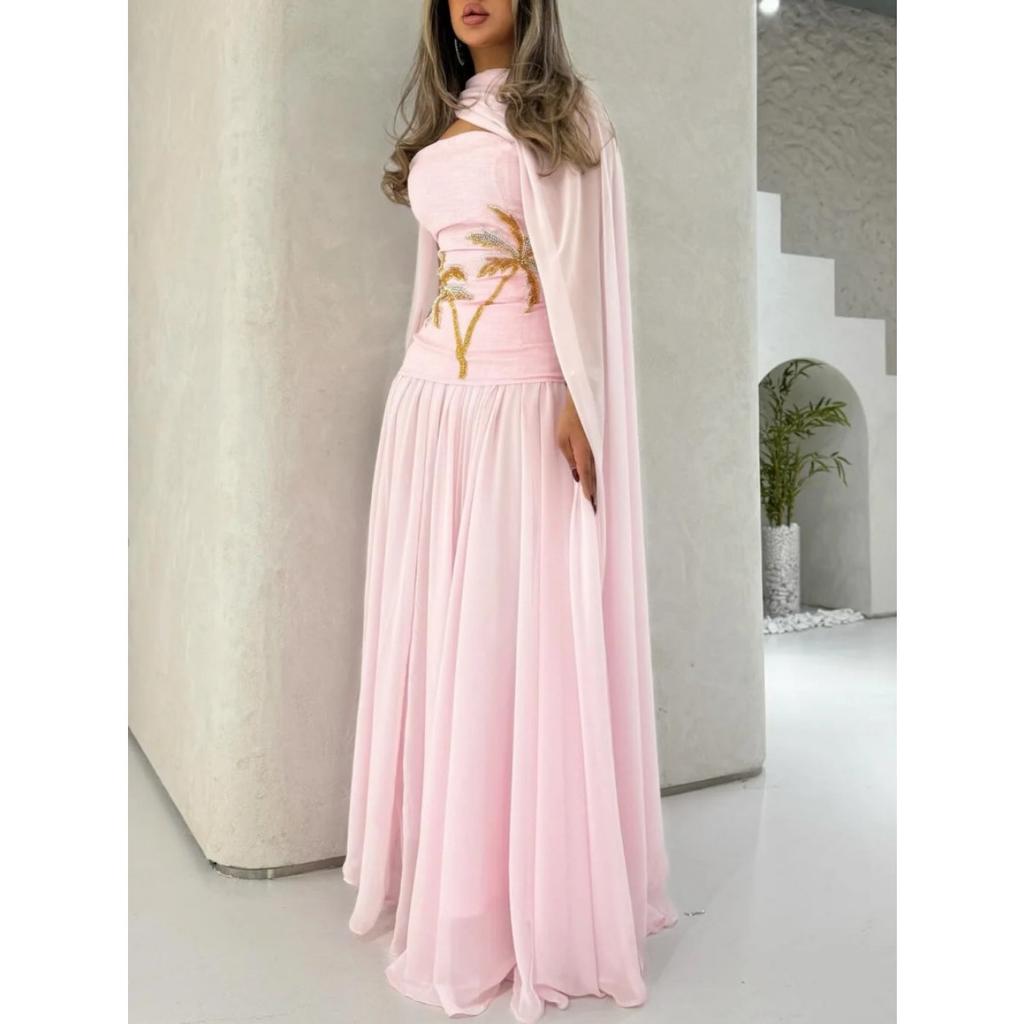 Spring Women's Sexy Chiffon Beaded Cape Evening Gown, European & American Style Formal Dress for Crossborder