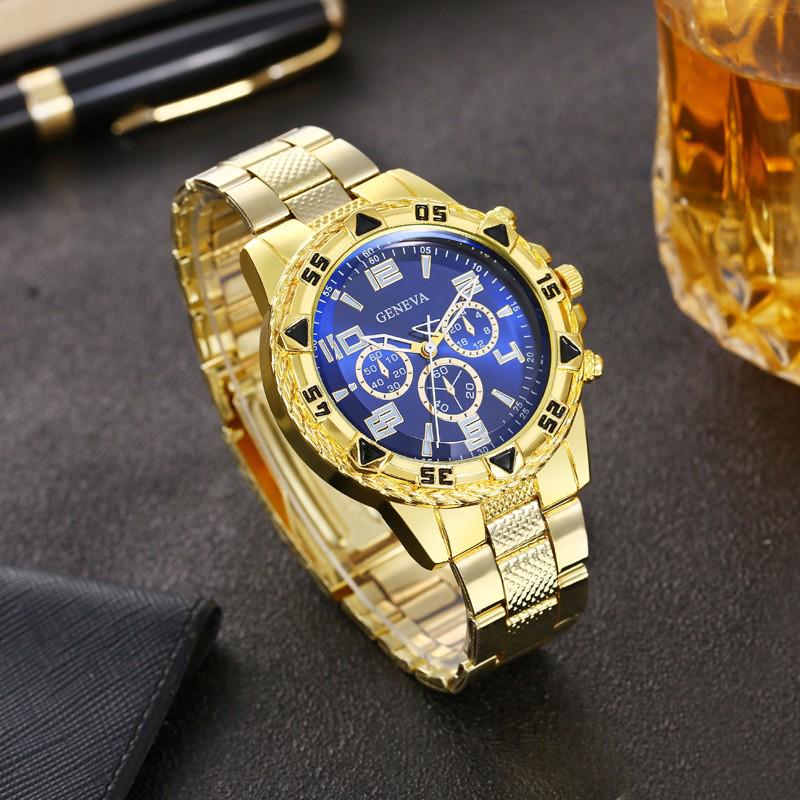 Men's Blue Light Glass Quartz Watch with Steel Band and Triple Sub-Dials