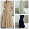 Damen Hemdblusenkleid Midi mit Reverskragen Kurzarm Gürtel Taschen Schlitz Vorne Knöpfe Locker Freizeit Bürokleid