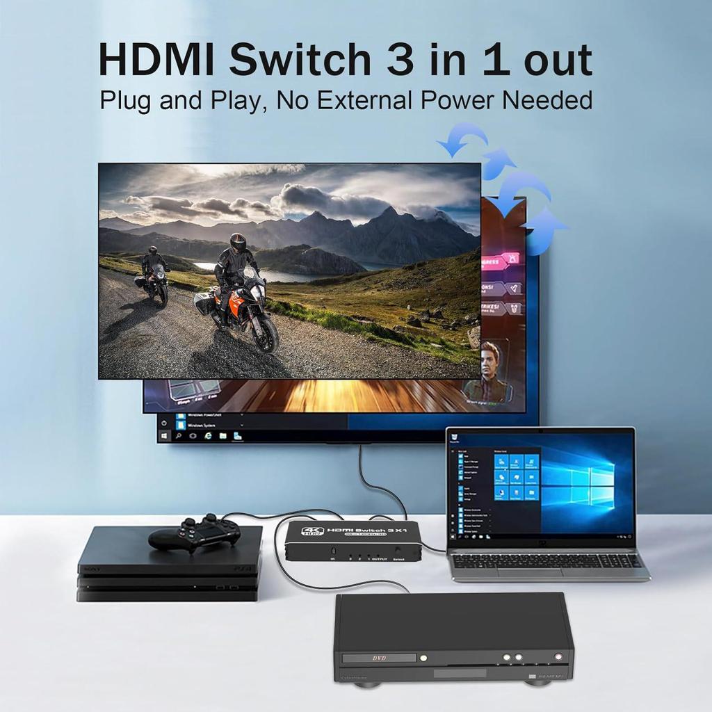 8K30 HD HDMI 2.1 Switch: 4K120Hz, 3-in-1 Out, PS5 Compatible, Portable