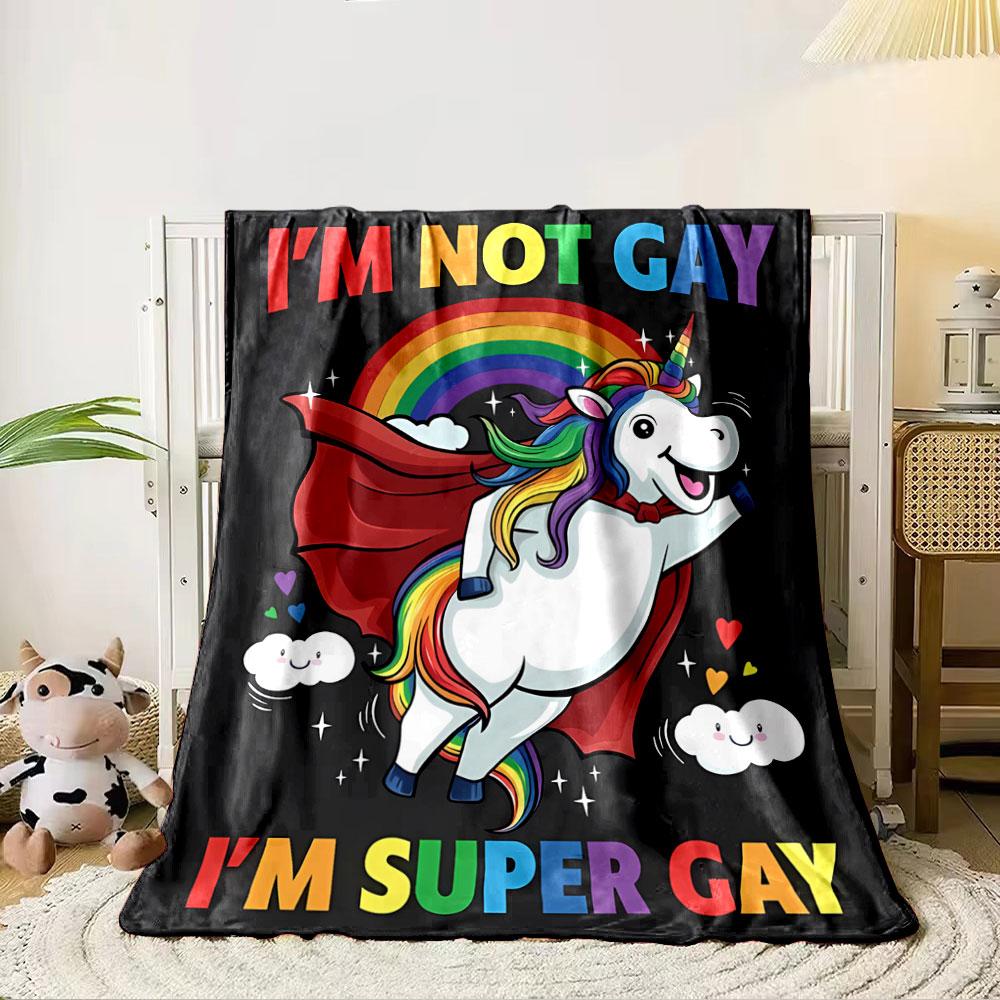 A unicorn with rainbow mane and tail, red cape, and cheerful clouds. for all seasons blanket lunch break throw gift 80cm x 120cm