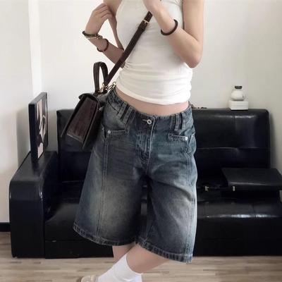 Dámské Retro Šortky z Praného a Opotřebovaného Denimu v Americkém Stylu - Trendy Volný Střih High Street, Pěti-bodový Design