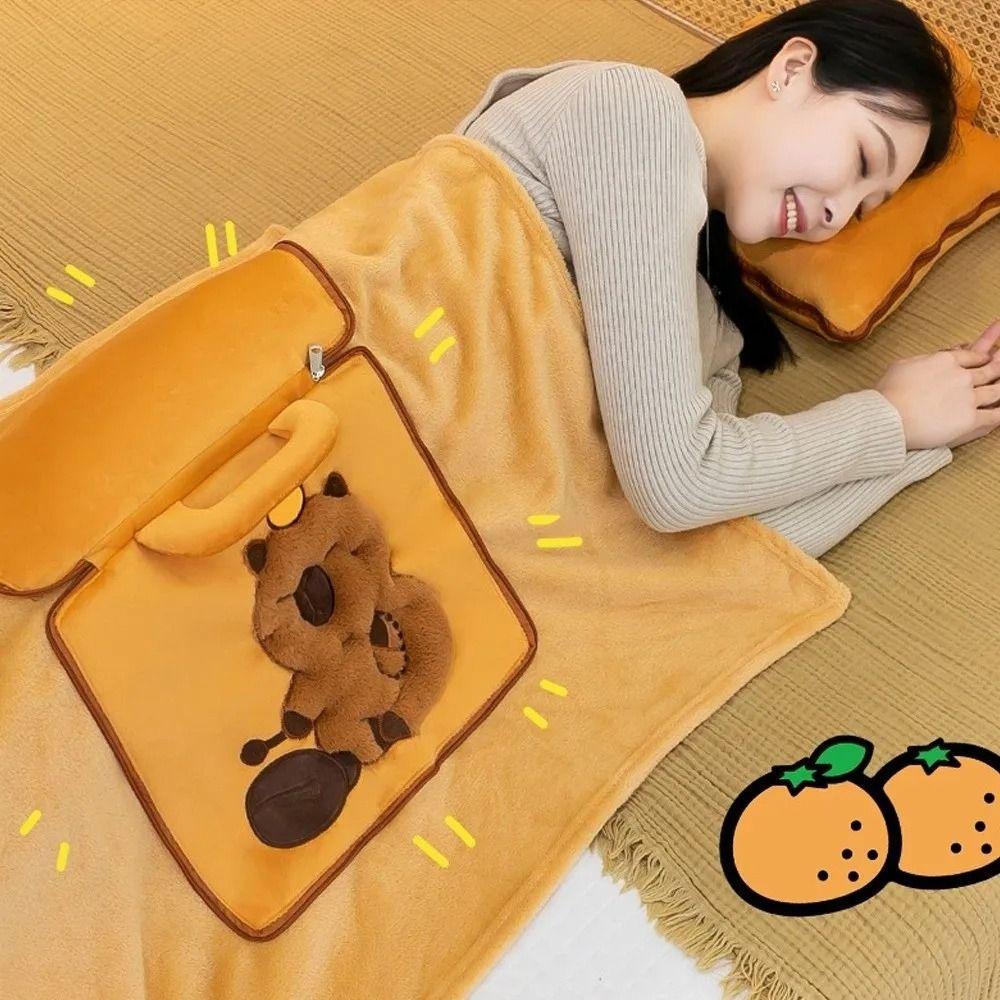 2 in 1 Capybara Pillow Blanket Cartoon Nap Cushion Blanket Cute Travel Blanket  Sofa Back Cushion