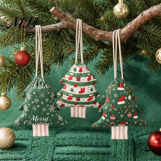 Seasonal Home Decor Christmas Tree Shaped Drawstring Gift Bags, Xmas Hanging Treat Sacks, Holiday Candy Bags Small Storage Pouches for Decorations