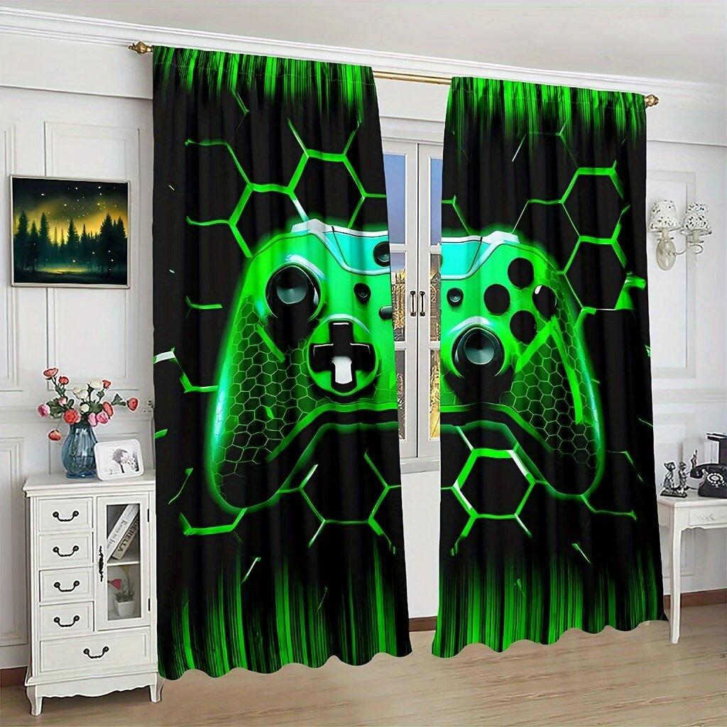 Game Controller - 3D Game Controller Design   Black and Fluorescent Green Hexagonal Printed Curtains   Home Decoration
