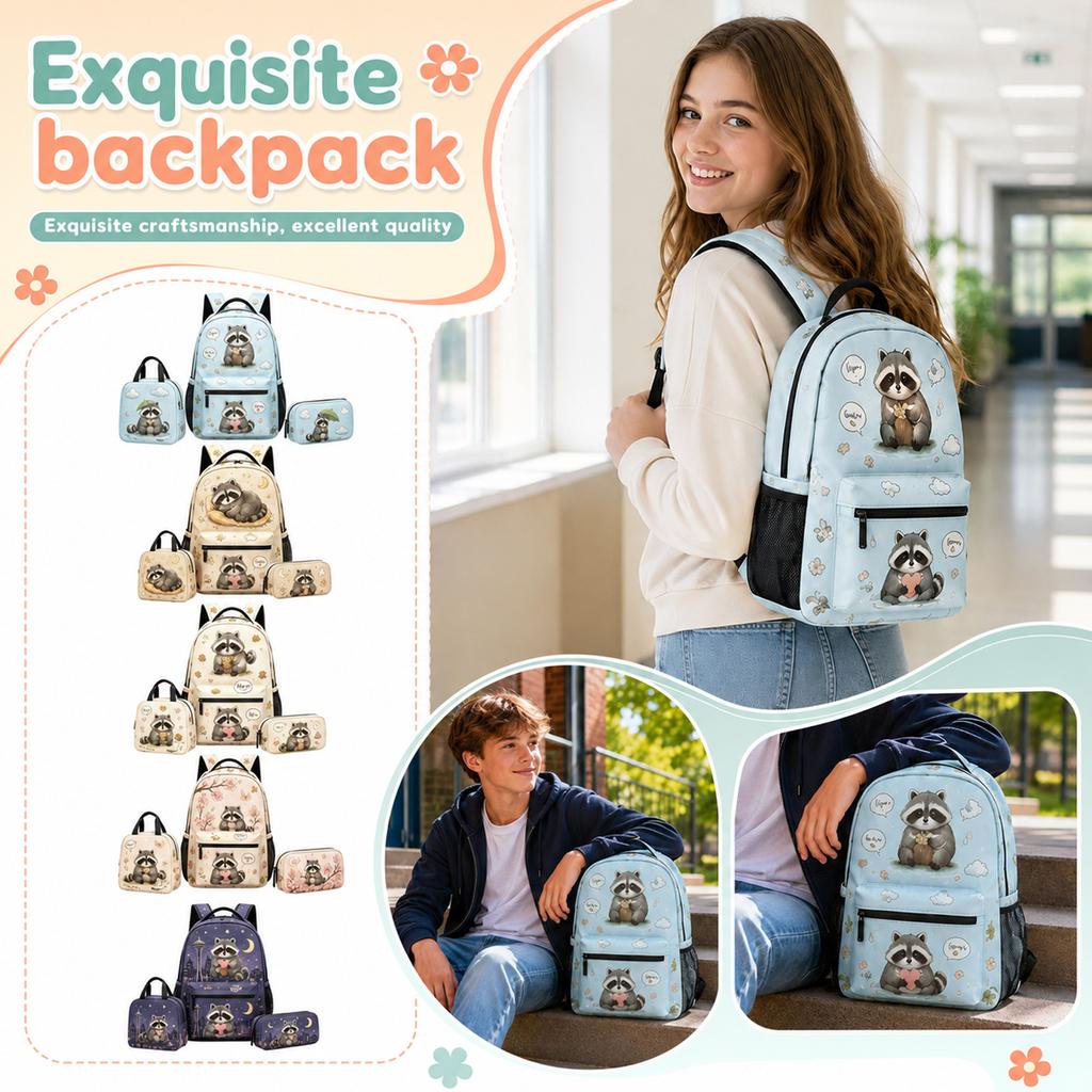 Set Zaino Raccoon per Bambini con Borsa Pranzo e Astuccio per la Scuola