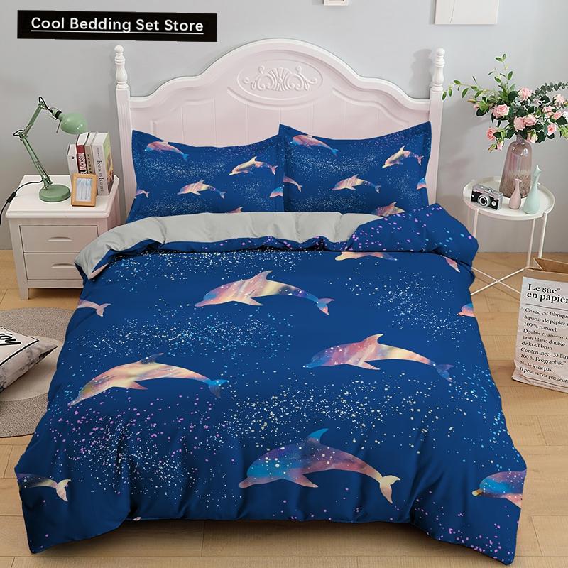 Comforter Dolphin Ocean King Queen Cute 3D Sea Animal Bedding Set For Kids Teens Adults Shoal Of Fish Blue 2/3Pcs