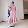 DIMANAF Plus Size Women Cotton Knitted Long Dress Loose Clothing Spring Shirt Dress Long Sleeve Pink