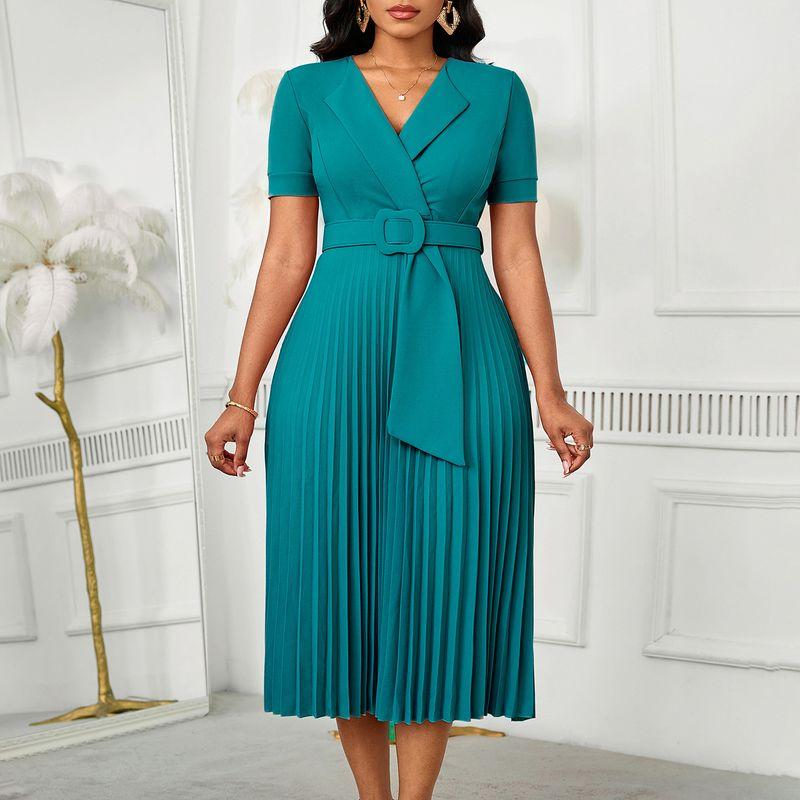 

D593 Fashion Sexy Short Sleeve V Neck Fashion Elegant Elegance Pleated Plus Size High Waist Africa Dress Green + belt 2XL
