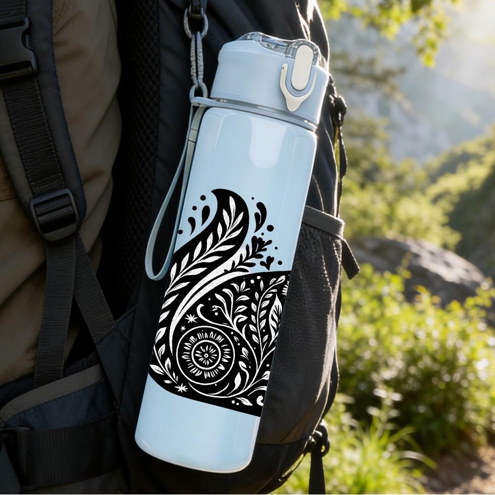 1PC Ornate Floral Black Cat 750ml Color Plastic Sports Water Bottle Leakproof Flip Straw Lid Suitable for Sports Office Home Use
