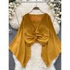 Niche Style V-neck Knot Flared Chiffon Long Sleeves Shirt