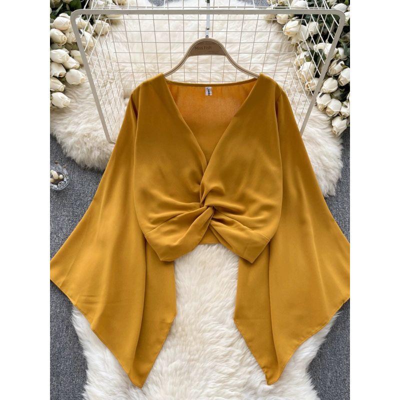 Niche Style V-neck Knot Flared Chiffon Long Sleeves Shirt