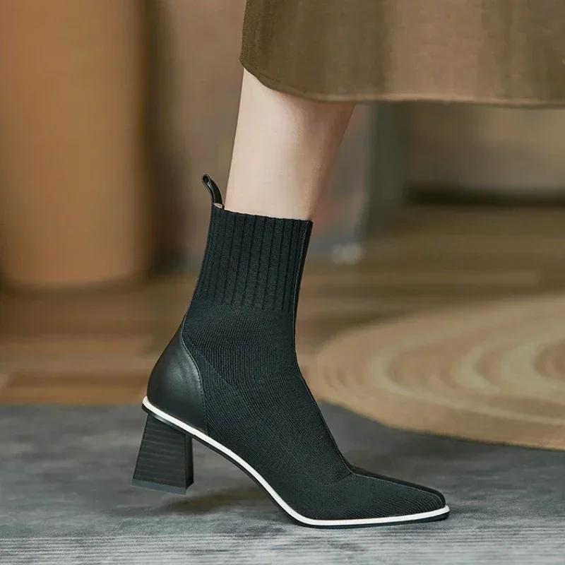 Socks Boots for Women's 2025New Square Toe Ankle Boot Fashion Woman Shoes Chunky Thick Heel British Knitted Short Boots