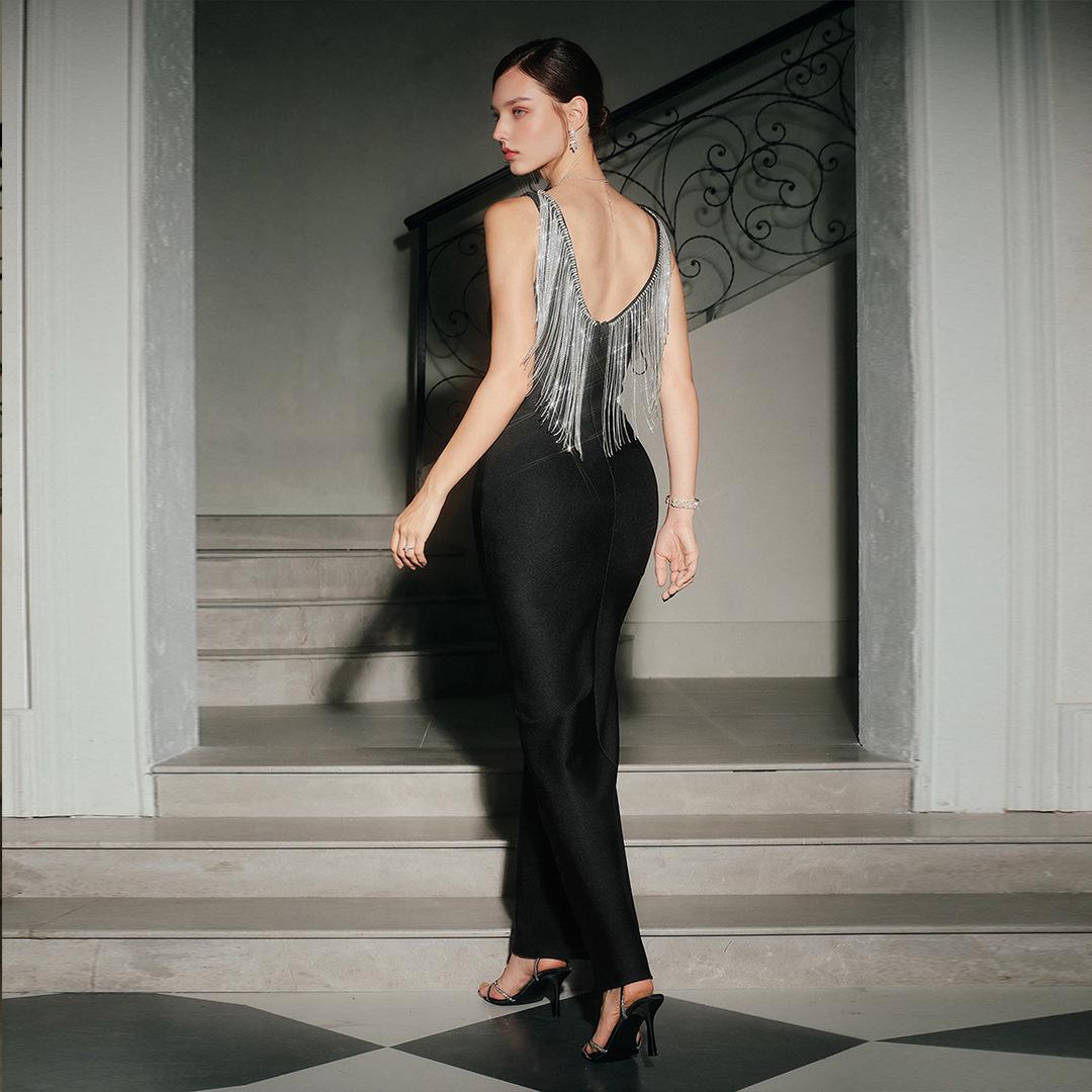 Элегантное черное вечернее платье с бахромой - Стройнящее бандажное платье для банкетов и мероприятий Medium чёрный