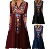 Plus Size Bohemian Dress Sexy V Neck Three Quarter Sleeves Loose Hem with Pockets Retro A Line Ethnic Print