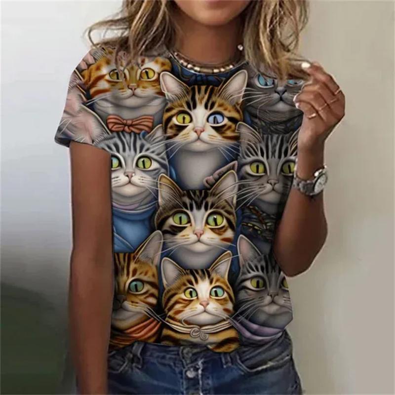 Maglietta da donna alla moda, con stampa 3D, motivo a gatto kawaii, a maniche corte, girocollo, estiva, casual, da strada, semplice
