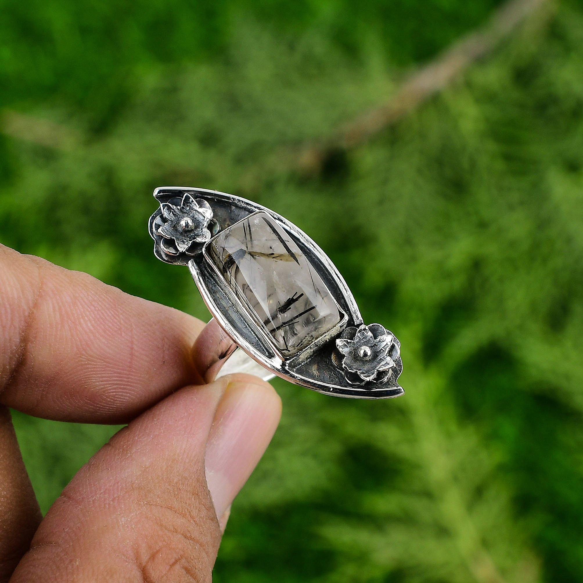 

Кольцо-цветок из натурального черного рутилового кварца, штабелируемое, ювелирное изделие из стерлингового серебра 925 пробы Adjustable