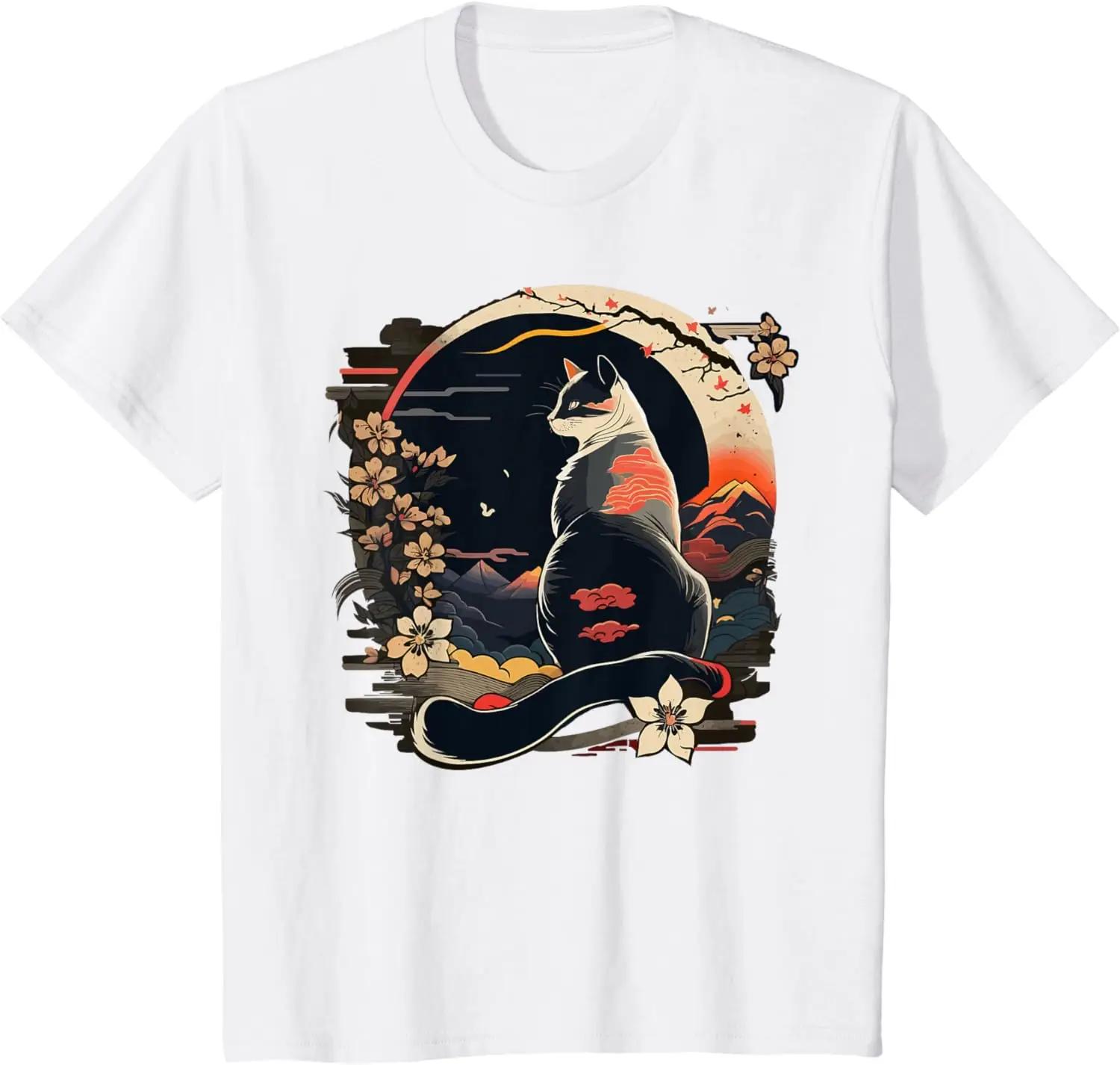 Летние Топы Кавайный Кот Аниме Японский Ретро Мужские Женские Хлопок Забавная Футболка с Котом S